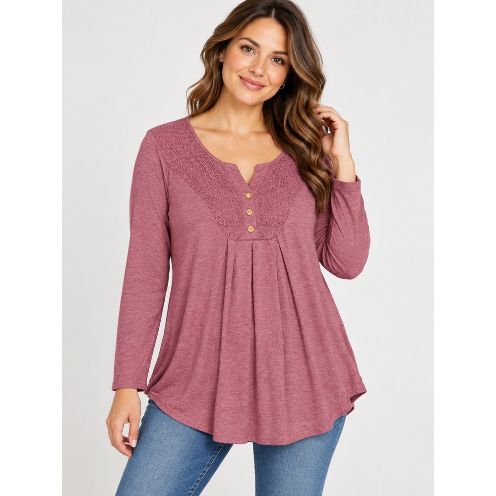 Simier Fariry Women's XL Burgundy Smocked Henley Boho Long Sleeve Cozy Tunic Top